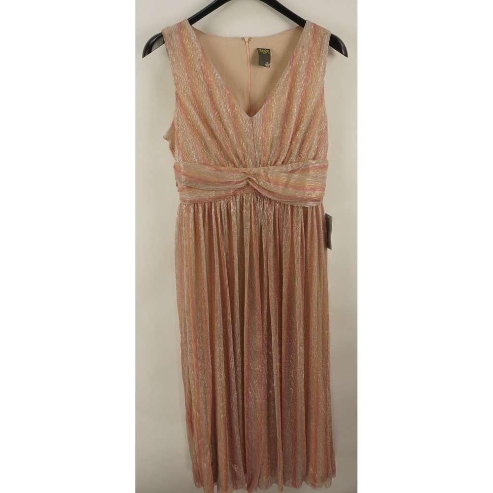 $119 Taylor Rose Gold Metallic Cinched Waist Pleated Midi‎ Dress Size 14 New